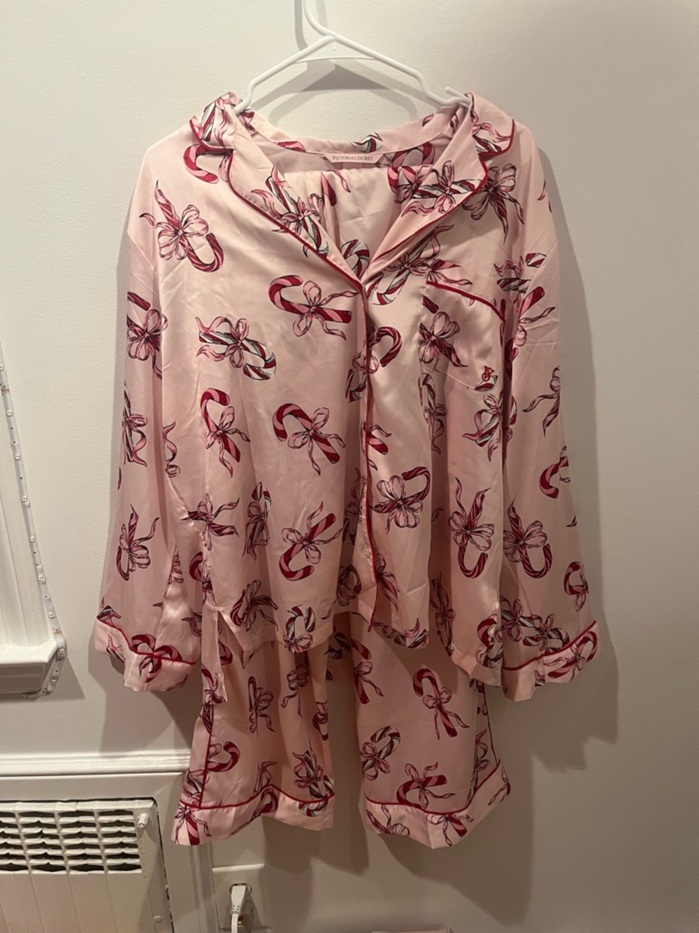 Pink Ribbon Candy Cane Print Satin Pajama Set